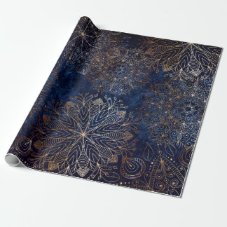 Elegant Gold and Dark Blue Floral Mandala Pattern Wrapping Paper