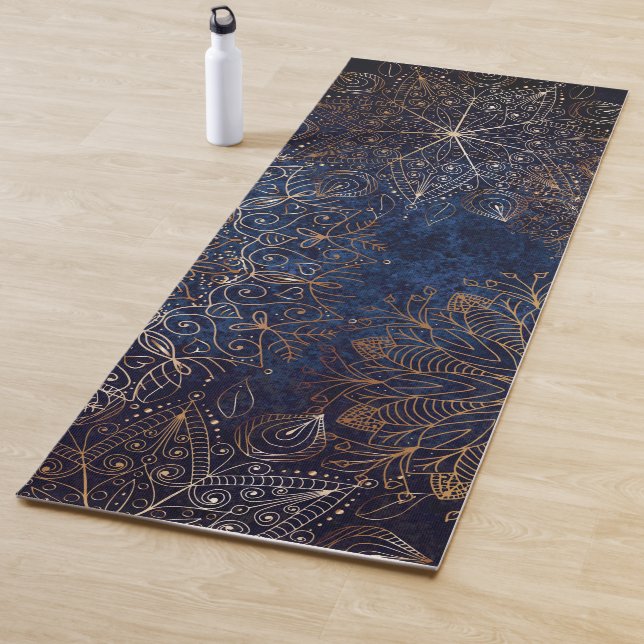Elegant Gold and Dark Blue Floral Mandala Pattern Yoga Mat (In Situ)