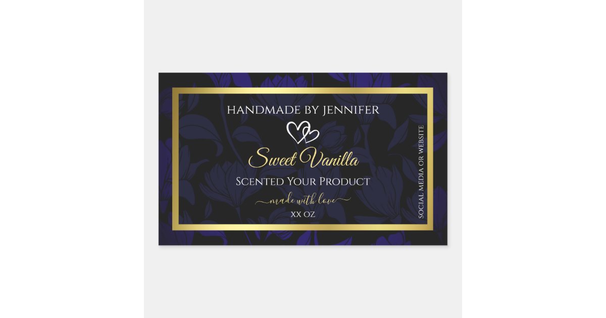 Elegant Gold and Dark Blue Floral Product Labels | Zazzle