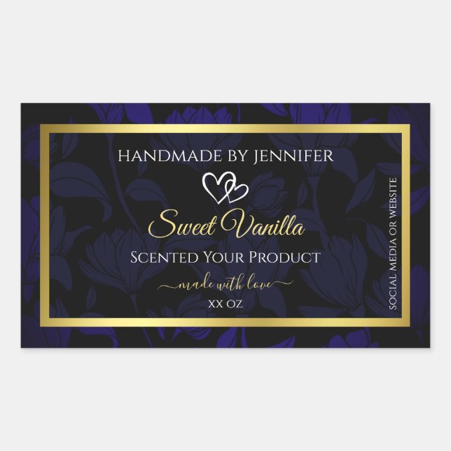 Elegant Gold and Dark Blue Floral Product Labels (Front)