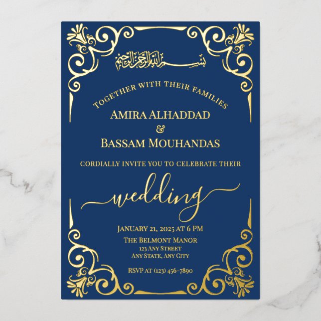 Elegant Gold and Dark Blue Wedding  Foil Invitation (Front)