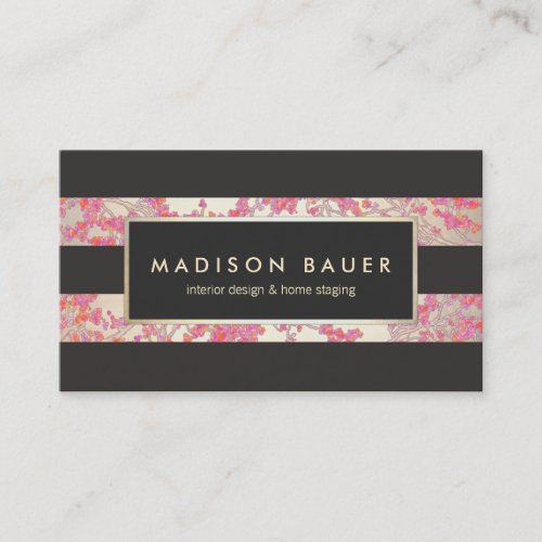 Elegant Gold and Dark Brown Stripes Pink Floral Business Card