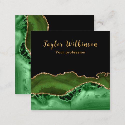 Elegant Gold and Dark Green Agate Square Business Card