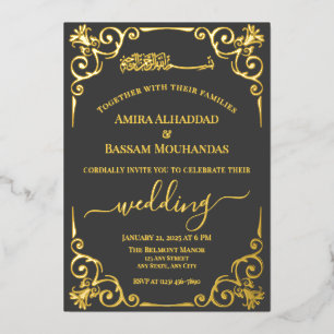 Elegant Gold and Dark Grey Wedding Foil Invitation