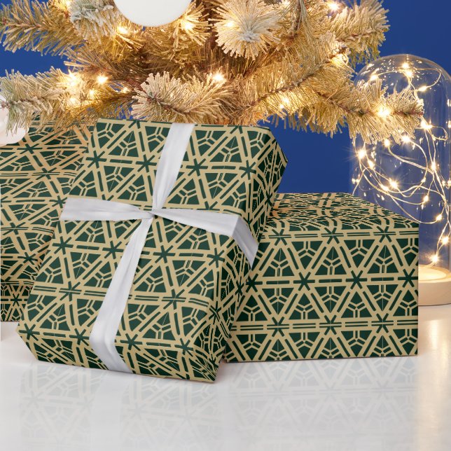 Elegant gold and dark pine green geometric pattern wrapping paper (Holidays)