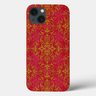 Elegant Gold and Deep Pink Floral Damask Pattern iPhone 13 Case