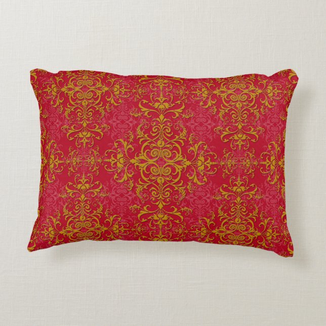 Elegant Gold and Deep Pink Floral Damask Pattern Decorative Pillow (Back)