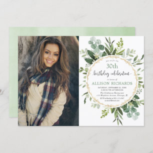 Elegant gold and eucalyptus adult birthday photo invitation