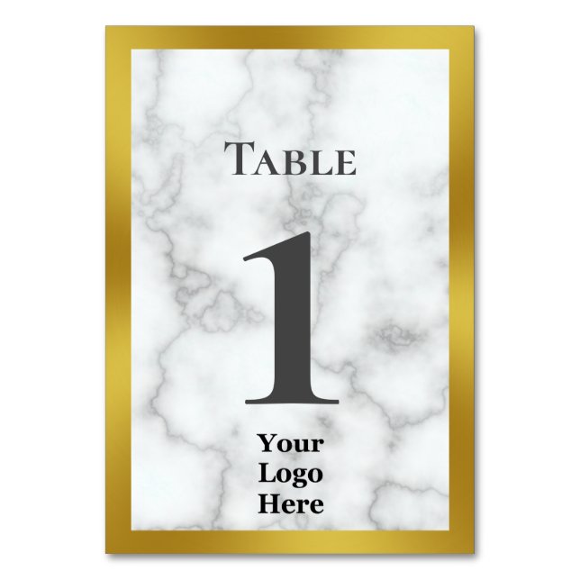 Elegant Gold and Faux White Marble Your Logo Here Table Number (Front)