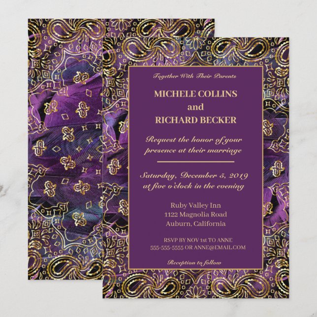 Elegant Gold and Feathers Invitation (Front/Back)