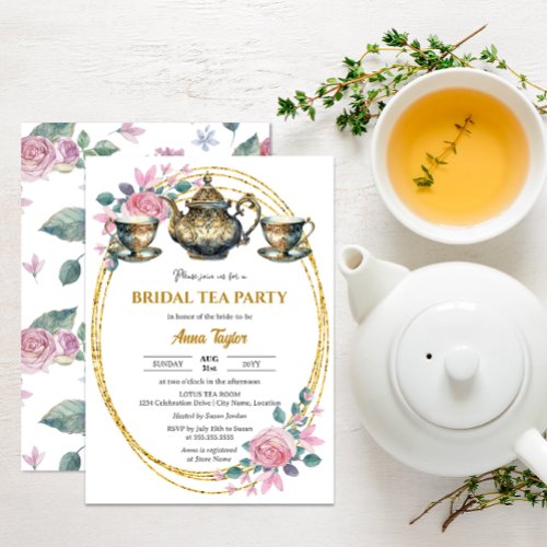 Elegant Gold and Floral Bridal Tea Party Invitation