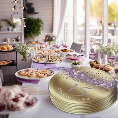 Elegant Gold and Glitter Quinceaera Paper Plates