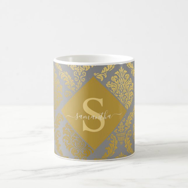 Elegant Gold and Gray Damask Personalized  Coffee Mug (Center)