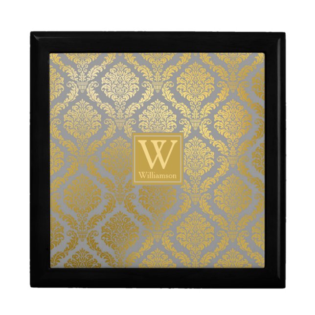 Elegant Gold and Gray Damask Print Personalized Gift Box (Front)