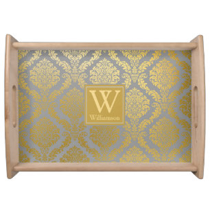 Elegant Gold and Gray Damask Print Personalized Serving Tray