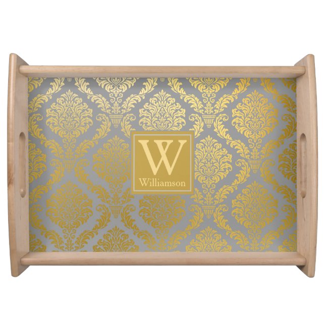Elegant Gold and Gray Damask Print Personalized Serving Tray (Front)