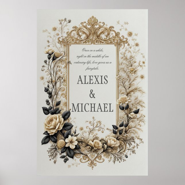 Elegant Gold and Gray Floral  Poster (Front)