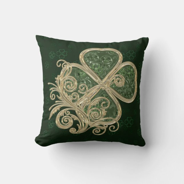 Elegant Gold and Green Clover Brooch Throw Pillow (Front)