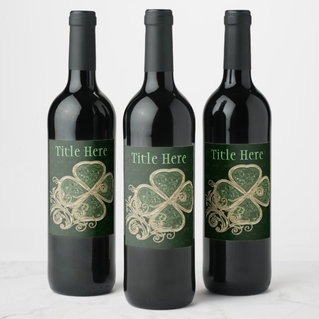 Elegant Gold and Green Clover Brooch Wine Label (Bottles)