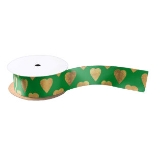 Elegant Gold and Green Love Heart Pattern Satin Ribbon