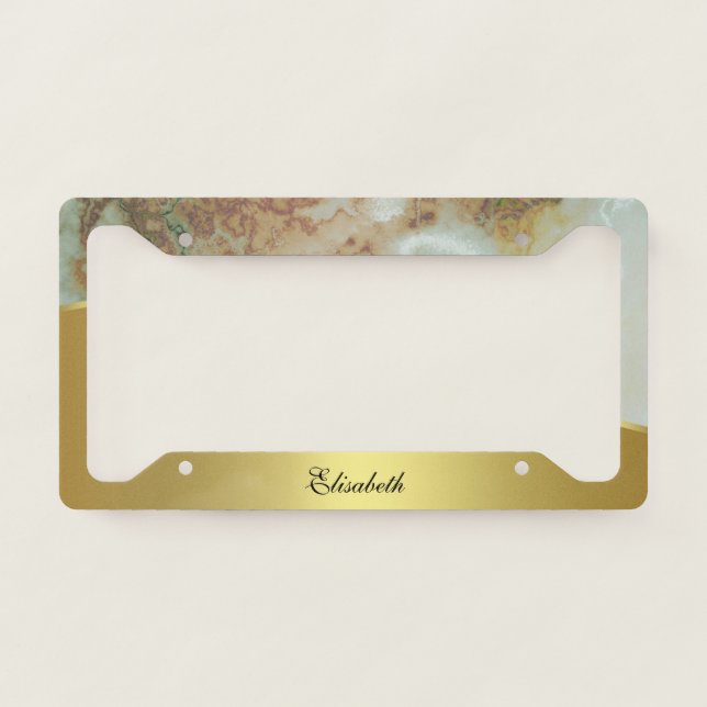 Elegant Gold and Green Marble Monogram License Plate Frame (Front)