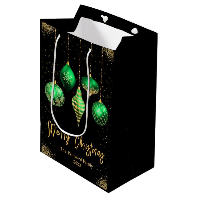 Elegant Gold and Green Ornament Christmas Medium Gift Bag (Front Angled)