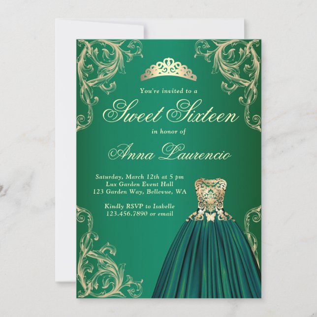 Elegant Gold And Green Sweet 16 Birthday Party Invitation (Front)
