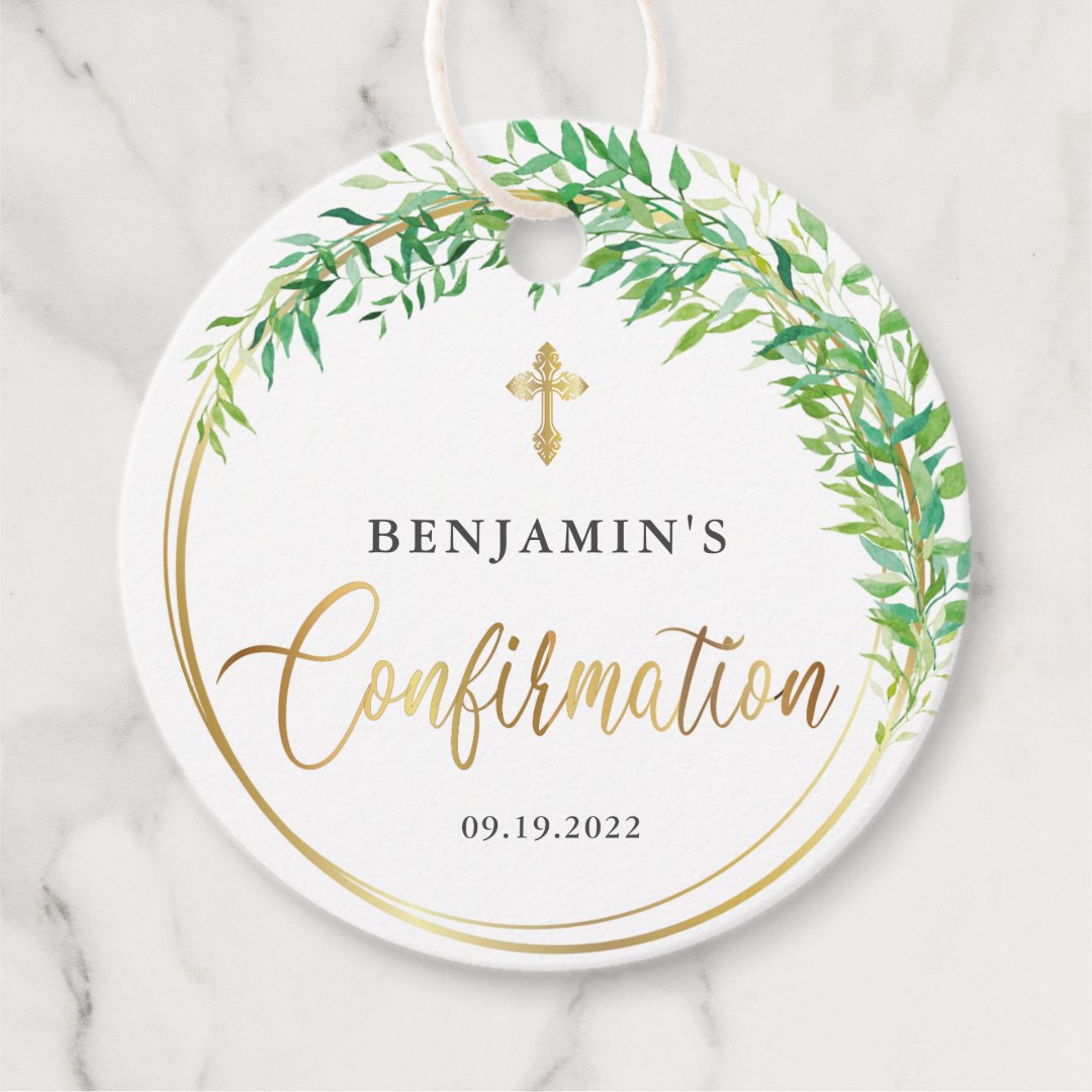 Elegant Gold And Greenery Confirmation Favor Tags | Zazzle
