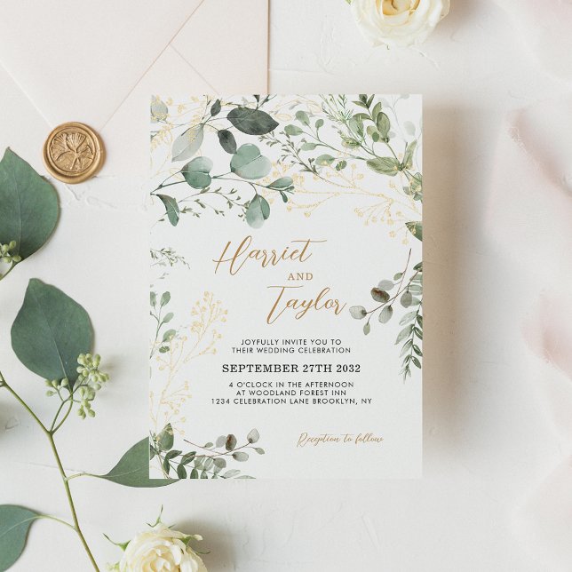 Elegant Gold and Greenery Eucalyptus Wedding Invitation (Creator Uploaded)