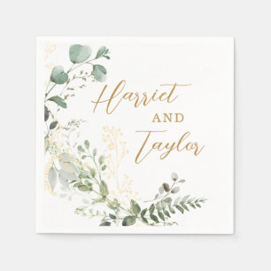 Elegant Gold and Greenery Eucalyptus Wedding Napkins