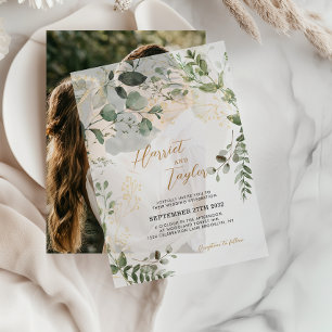 Elegant Gold and Greenery Eucalyptus Wedding Vellum Invitations