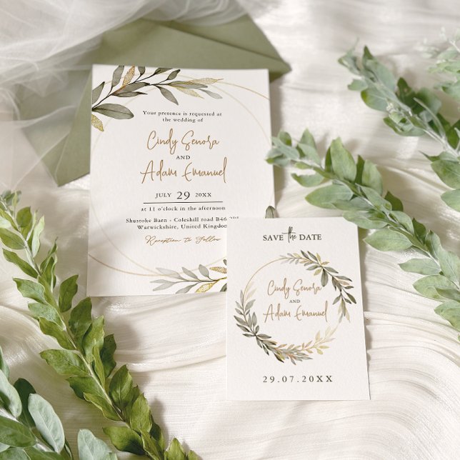 Elegant Gold and Greenery Wedding Invitation (Creator Uploaded)