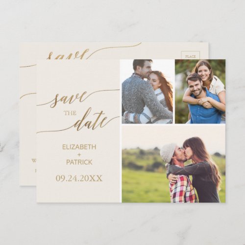 Elegant Gold and Ivory 3 Photo Save the Date Announcement Postcard