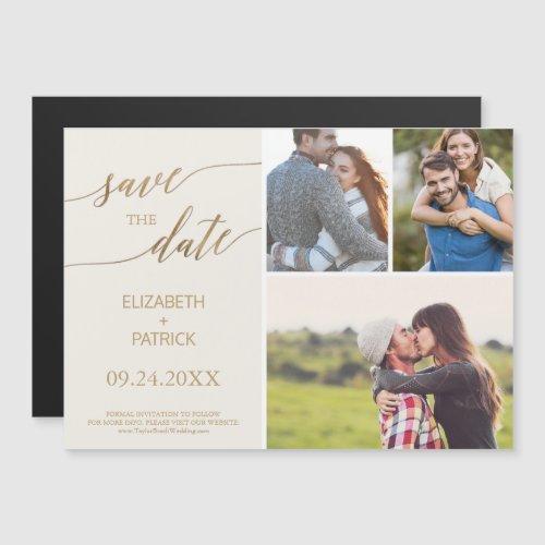 Elegant Gold and Ivory 3 Photo Save the Date Magnetic Invitation