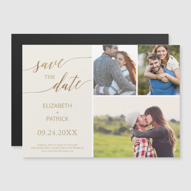 Elegant Gold and Ivory 3 Photo Save the Date Magnetic Invitation (Front/Back)