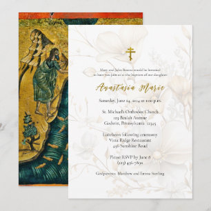Elegant Gold and Ivory Flowers Orthodox Baptism Invitation