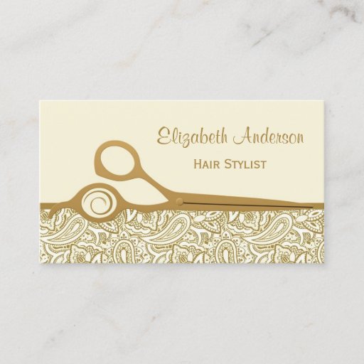 Customizable Elegant Gold and Ivory Paisley Hair Salon Business Cards