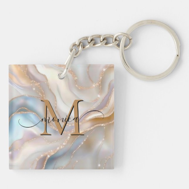  Elegant Gold and Nacre Monogram Name Personalized Keychain (Back)