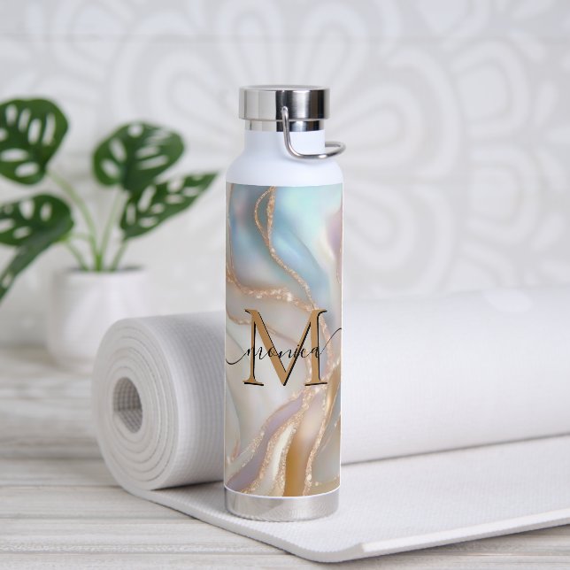 Elegant Gold and Nacre Monogram Name Personalized Water Bottle (Yoga)