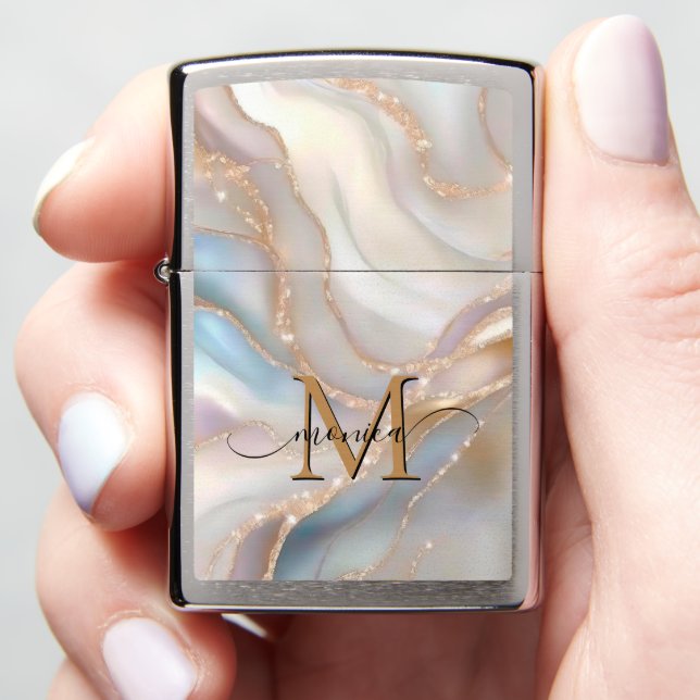 Elegant Gold and Nacre Monogram Name Personalized Zippo Lighter (In Hand)