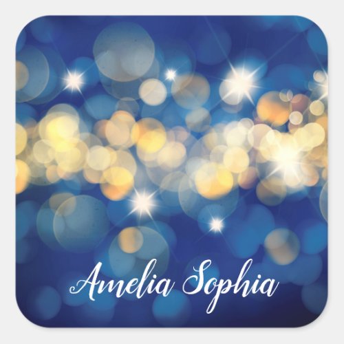 Elegant Gold and Navy Blue Bokeh Quinceaera Square Sticker