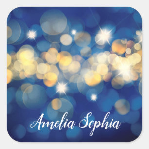 Elegant Gold and Navy Blue Bokeh Quinceañera Square Sticker