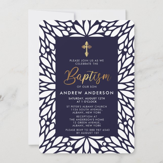 Elegant Gold And Navy Blue Boy Baptism Invitation (Front)