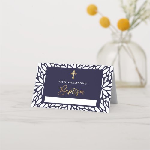 Elegant Gold And Navy Blue Boy Baptism Place Card