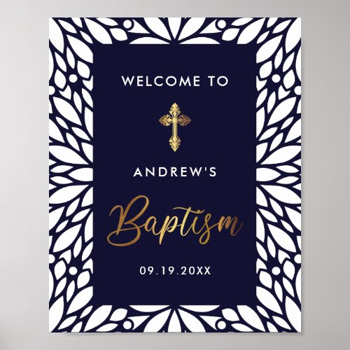 Elegant Gold And Navy Blue Boy Baptism Welcome Poster