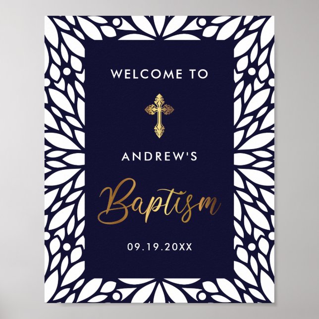 Elegant Gold And Navy Blue Boy Baptism Welcome Poster (Front)