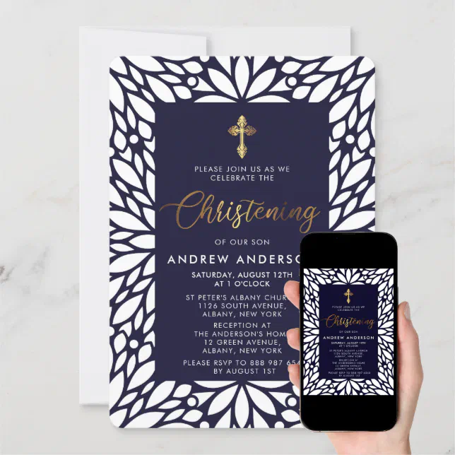 Elegant Gold And Navy Blue Boy Christening Invitation | Zazzle