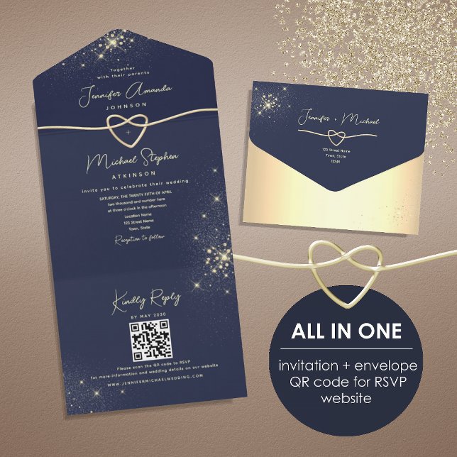 Elegant Gold and Navy Blue QR Code Wedding All In One Invitation (Creator Uploaded)