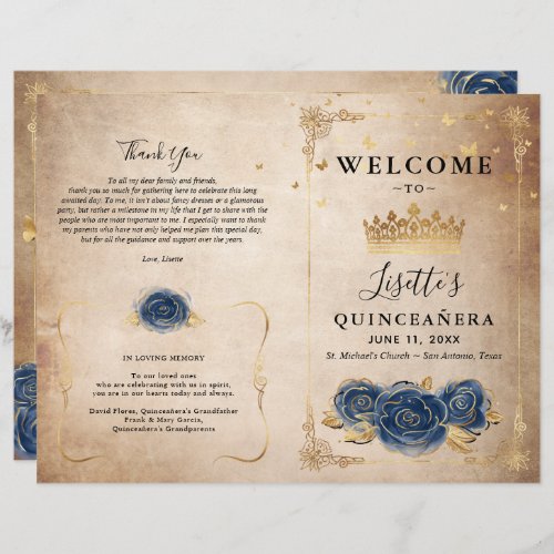 Elegant Gold and Navy Blue Quinceanera Program