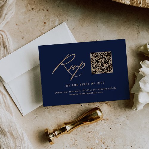 Elegant Gold and Navy Calligraphy Wedding QR code RSVP Card
